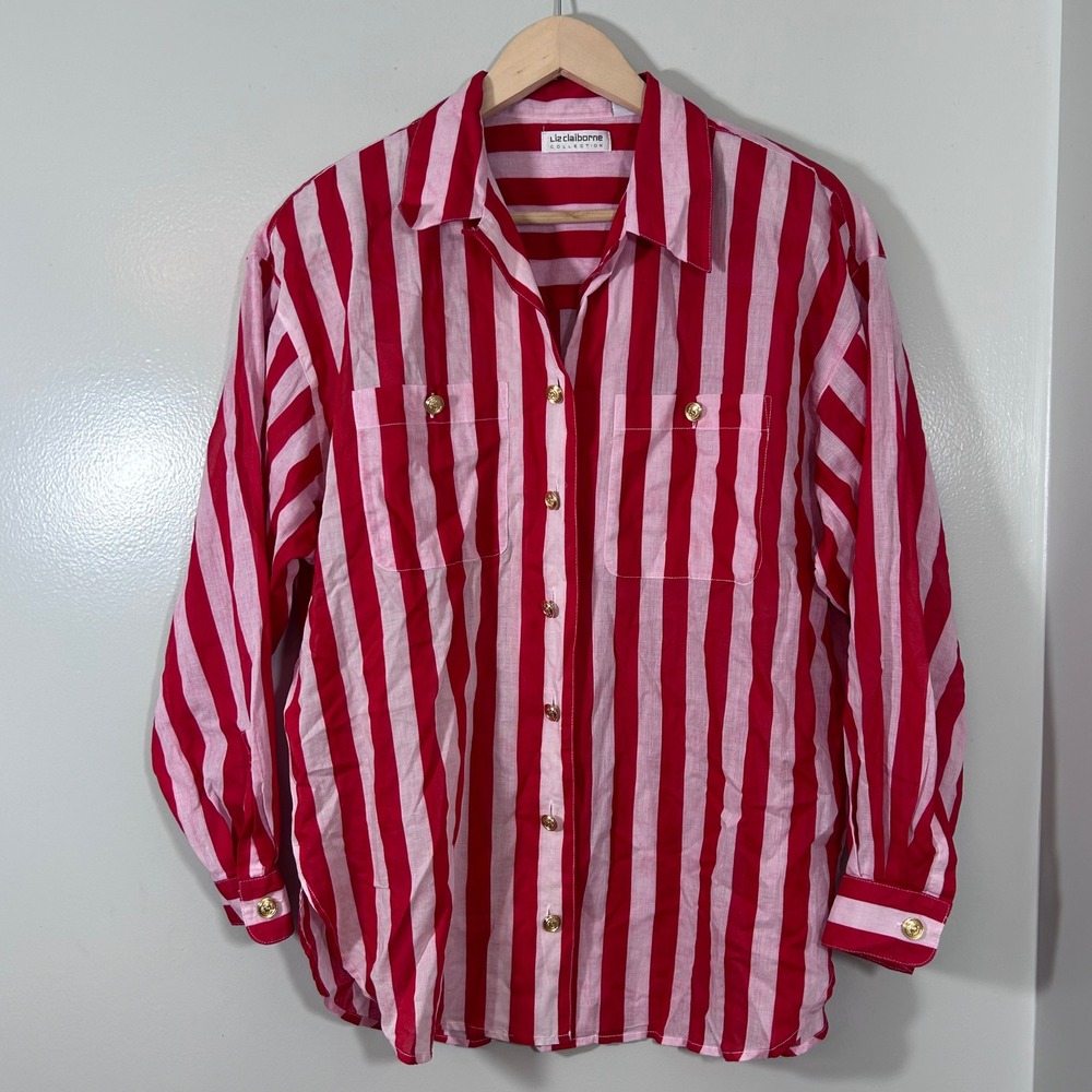 Liz Claiborne Vintage Striped Button Down Shirt Red Pink Gold Buttons Large